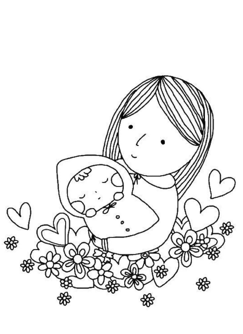Tranh tô màu mẹ và bé gái ngộ nghĩnh