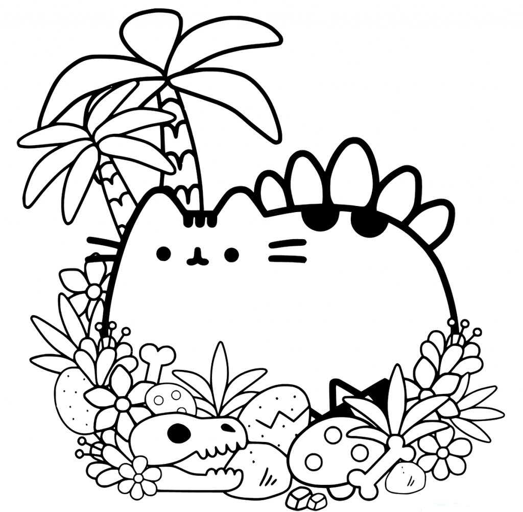 Tranh tô màu mèo Pusheen cute đang nằm dưới gốc dừa
