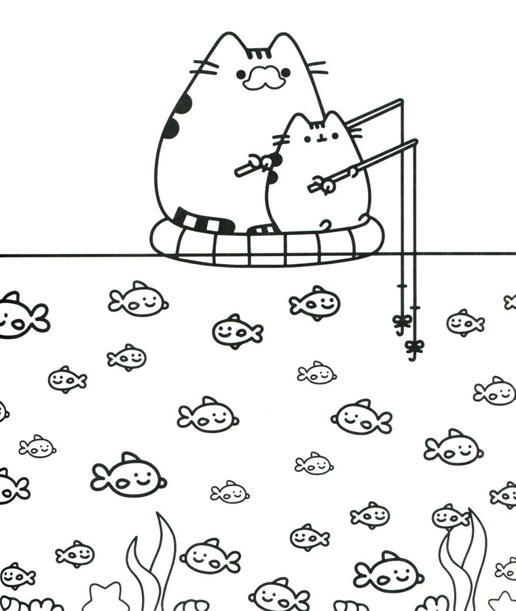 Tranh tô màu nhiều con mèo Pusheen đang câu cá