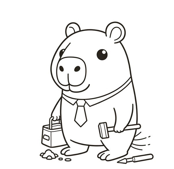 Tranh tô màu sticker capybara cute đang cầm đồ nghề đi sửa chữa