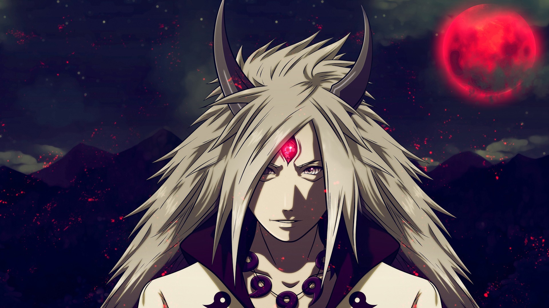 Uchiha Madara với biểu cảm nghiêm nghị và ánh mắt sâu thẳm, toát lên sự nguy hiểm tiềm tàng