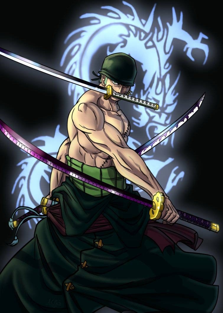 Zoro trong tư thế chiến đấu đầy uy lực, ánh mắt sắc lạnh và quyết đoán