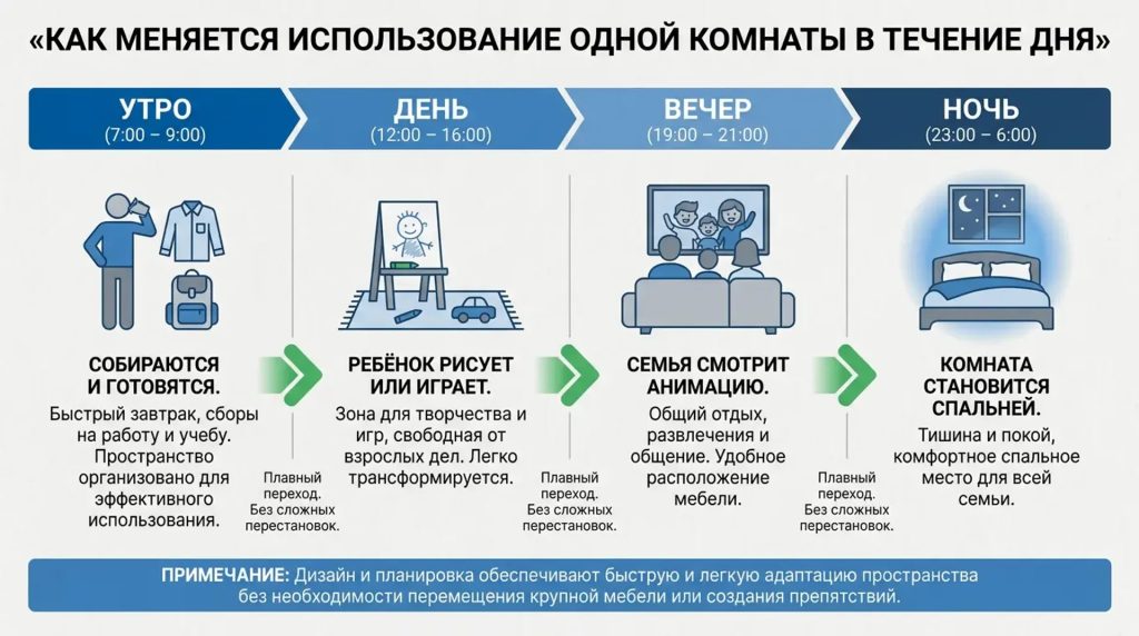 как меняется использование одной комнаты в течение дня